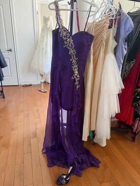 Purple One-Shoulder Embellished Evening Gown